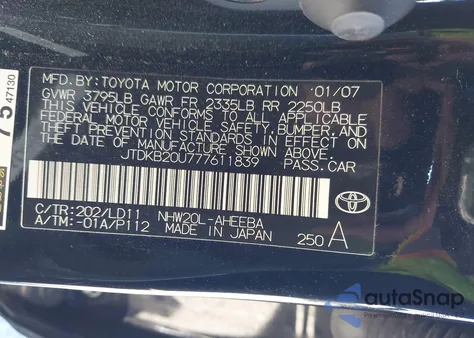 2007 Toyota Prius z USA, uszkodzony, nr VIN JTDKB20U777611839